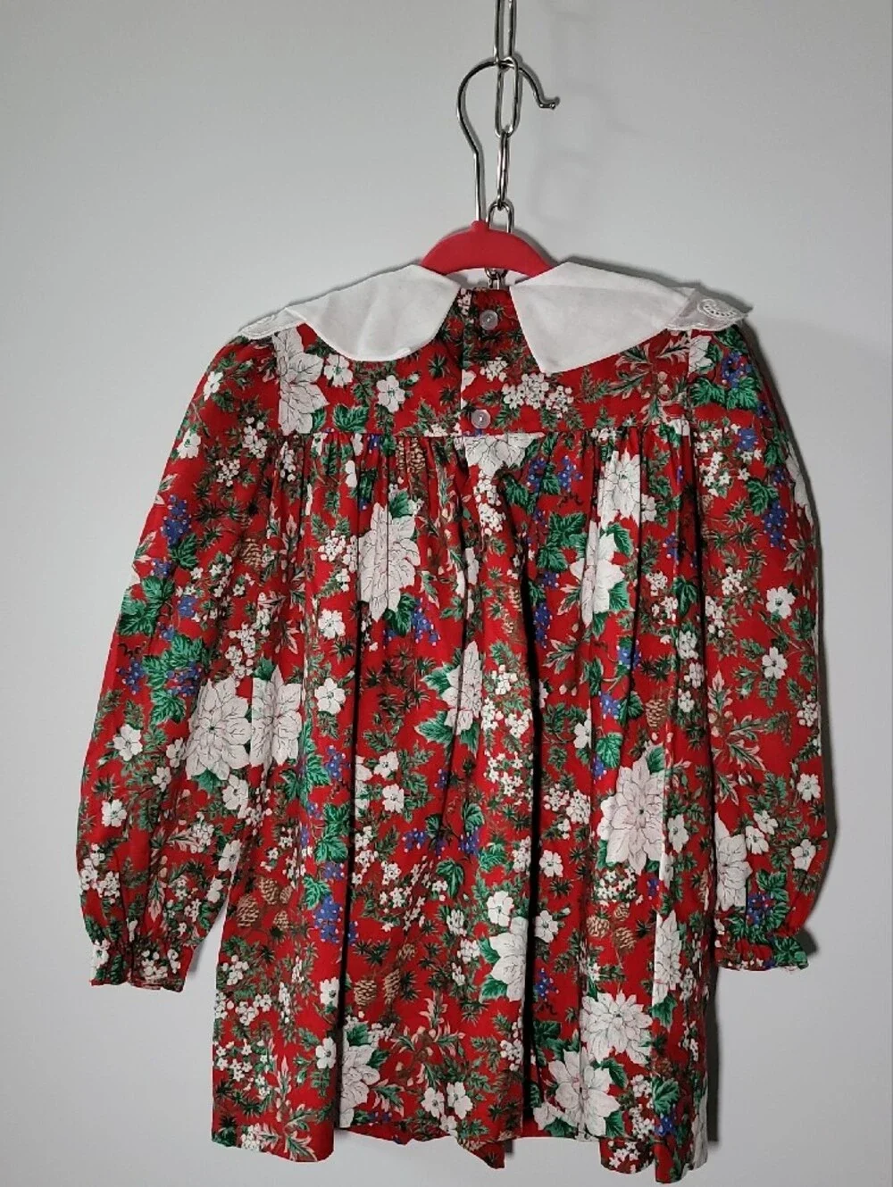 Girls' Red Floral Holiday Dress with White Lace Collar